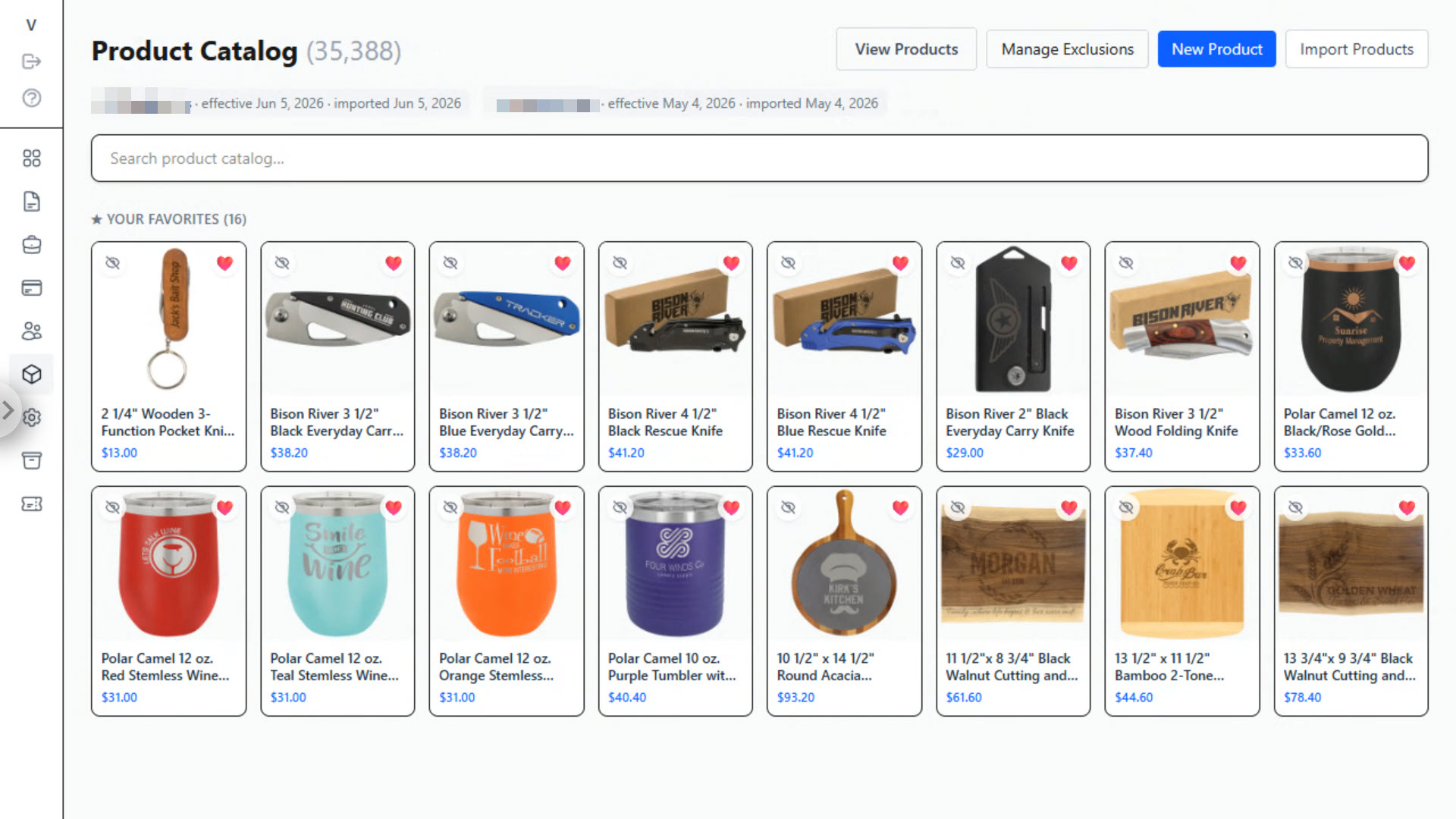 Quotra product catalog with per-user favorites